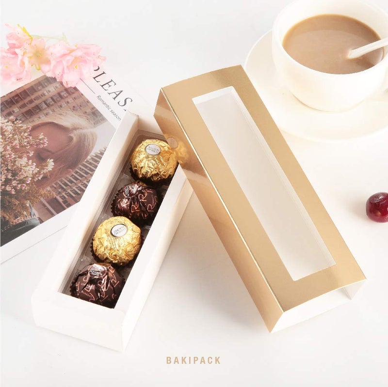 BAKIPACK 20 Truffle Boxes, Chocolate Boxes, Candy Boxes Packaging with 4-Piece Plastics Tray (Tray Size with 5.75x1.25 Inches), Pull Out Packing with Clear Window Sleeves, Gold - Image 3